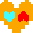 [ID: An orange (bravery) Undertale SOUL with two smaller SOULs inside it. The one on the left is a cyan (patience) SOUL, and the one on the right is an upside-down red SOUL.]